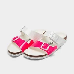 Women's Birkenstock Arizona Split Birko-Flor Sandals Neon Pink/White Patent - 1024214 650 -Nikes Shoes Shop 1024214 650 P2