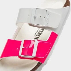 Women's Birkenstock Arizona Split Birko-Flor Sandals Neon Pink/White Patent - 1024214 650 -Nikes Shoes Shop 1024214 650 P3