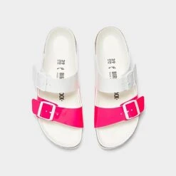 Women's Birkenstock Arizona Split Birko-Flor Sandals Neon Pink/White Patent - 1024214 650 -Nikes Shoes Shop 1024214 650 P5