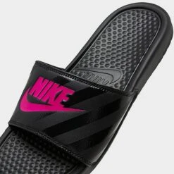 Women's Nike Benassi JDI Swoosh Slide Sandals Black/Vivid Pink - 343881 061 -Nikes Shoes Shop 343881 061 P3