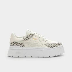 Women's Puma Mayze Stacked Edgy Leopard Platform Casual Shoes Marshmallow/Puma Team Gold - 39024801 100