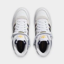 Women's Adidas Originals Forum Mid Casual Shoes (Wide WIdth) White/Dark Blue/Crew Yellow - IE7416 100 -Nikes Shoes Shop IE7416 100 P5
